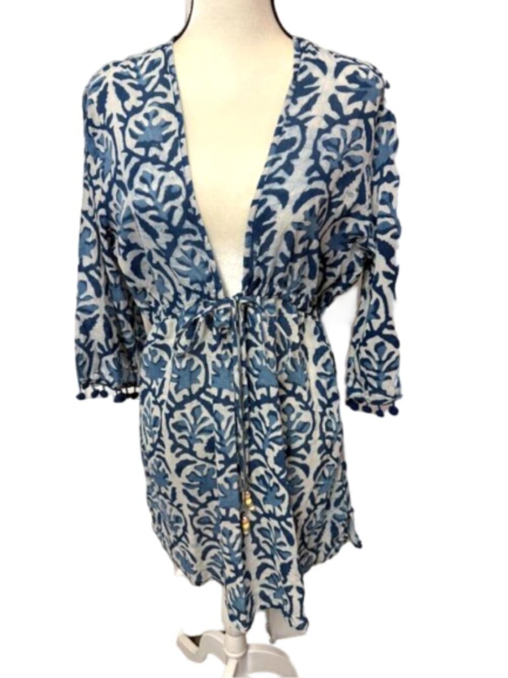 2/$30 Blue Island Blue & White Botanical Tie-Waist Swim Coverup Size L #2406